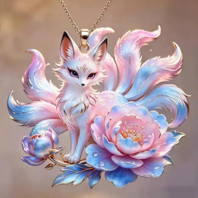 Nine Tailed Fox Pendant Necklace Unique Peony Flower Design Gold Plated Jewelry for Women Gifts Qme A1
