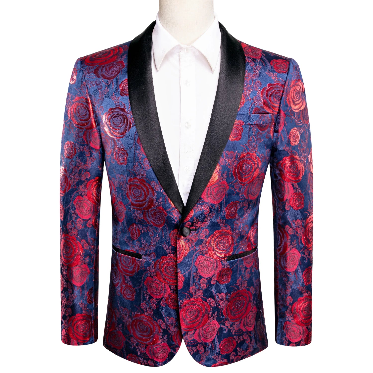 Men's Floral Rose Jacquard Blazer Multiple Colors Blue Red Black Gold Shawl Lapel Tuxedo Jacket for Wedding Prom Party Nightclub Qme XX-1004 XXXL