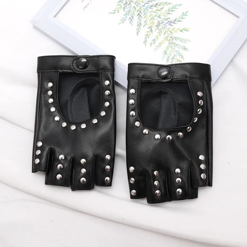 Black Gothic Rivets Fingerless Gloves Semi-fingers Breathable Driving Qme