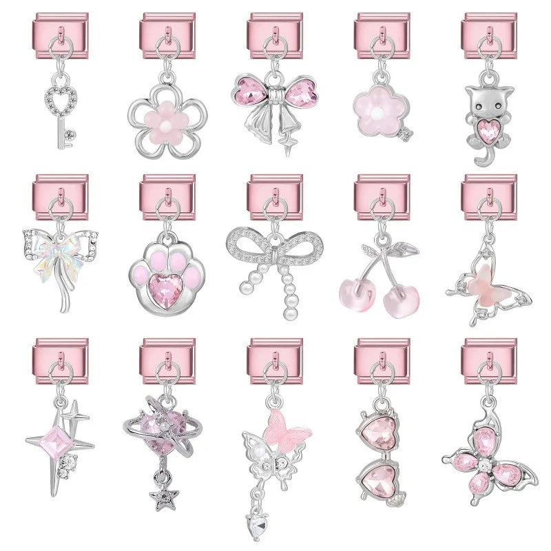 Wholesale Butterfly Bow Stars Love Heart Key Planet Shiny CZ Flower Italian Charms Fit 9mm Stainless Steel Bracelets Jewelrys Qme