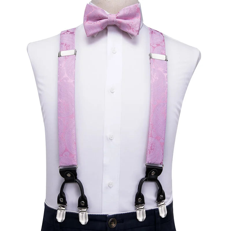 Silk Woven Mens Suspenders Bow Tie Hanky Cufflinks Strength 6 Clips