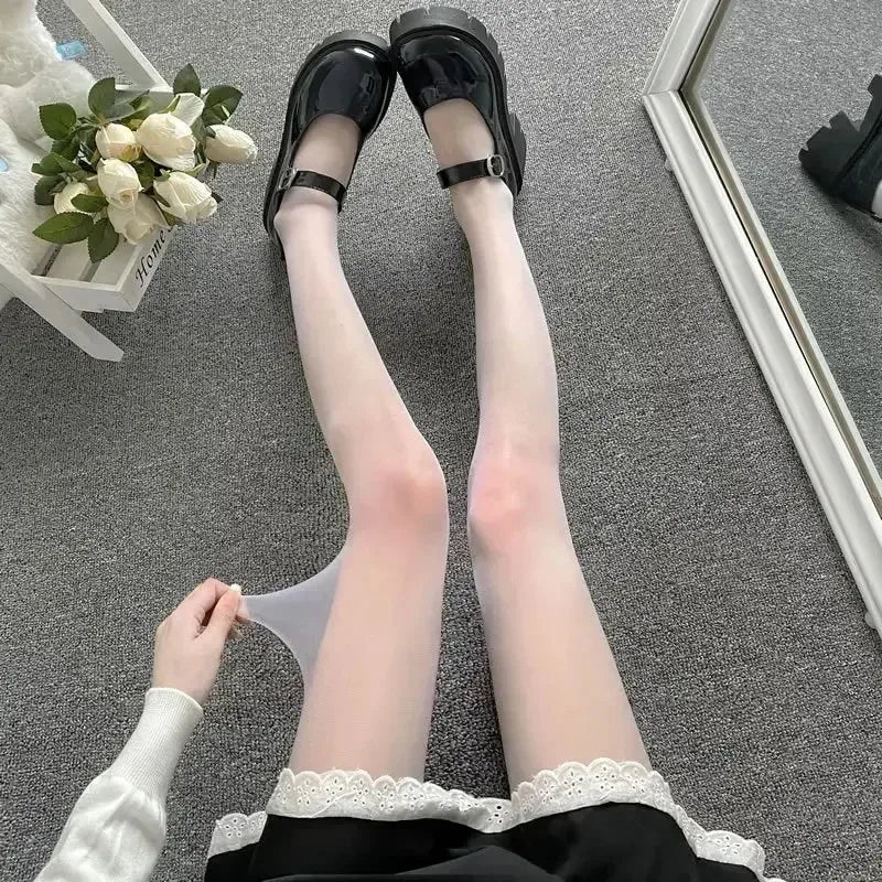 Women Waist Tights Black White Stockings Lolita Pantyhose Anime Qme White One Size