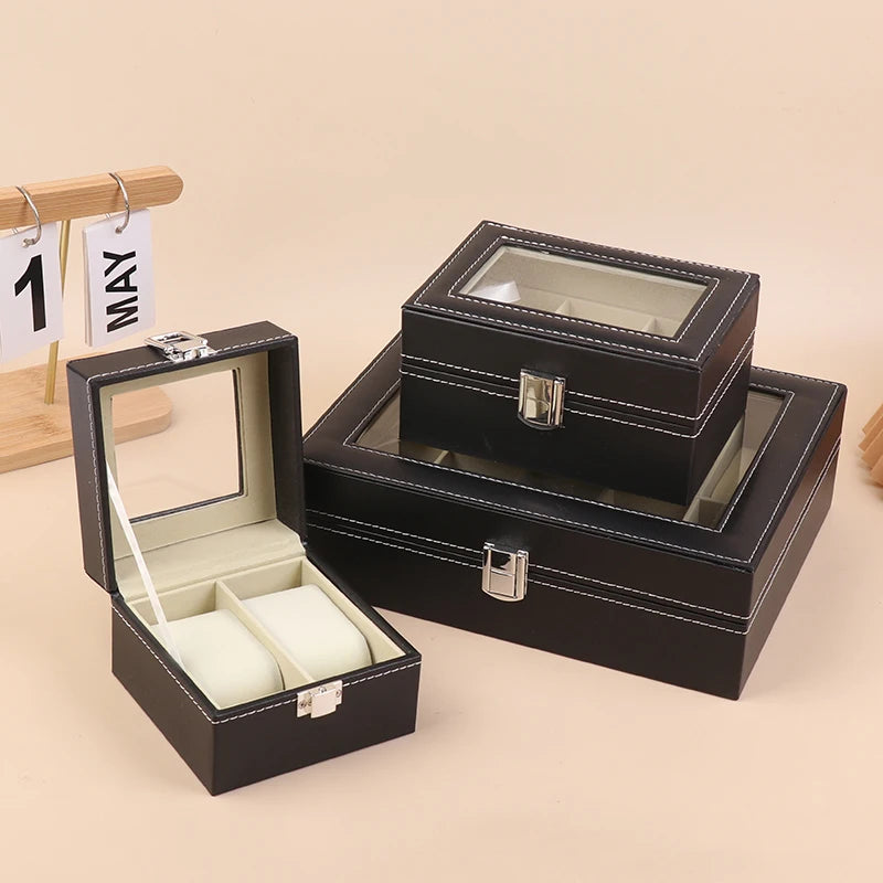 1Pc Black PU Leather Watch Box Display Case Organizer With Framed Glass Lid And Removable Pillow For Men And Women Qme