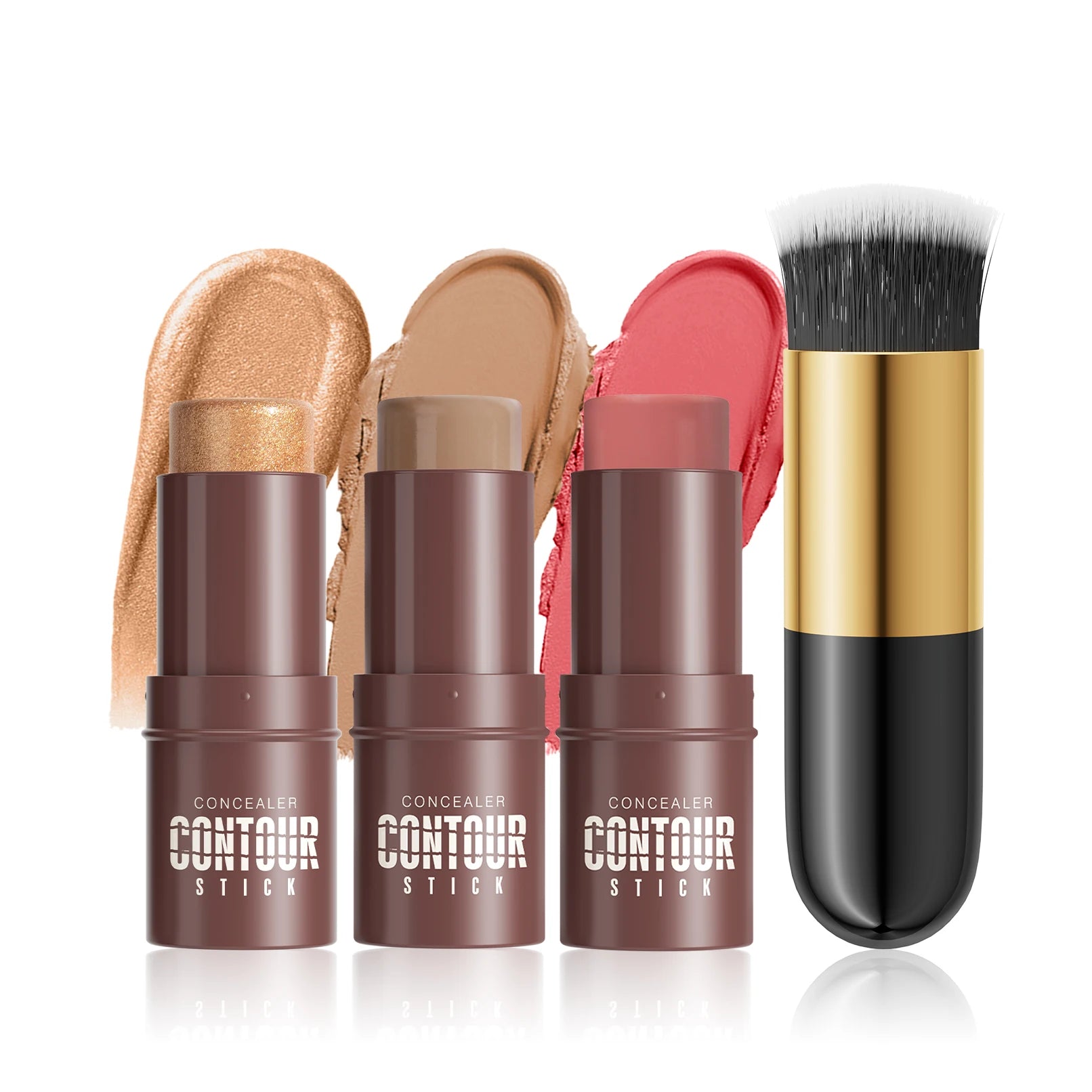 4-Piece Contour Stick Set with Highlighter, Blush & Bronzer Plus Golden Powder Brush - Waterproof Cream for All Tones, Shimmery. Qme