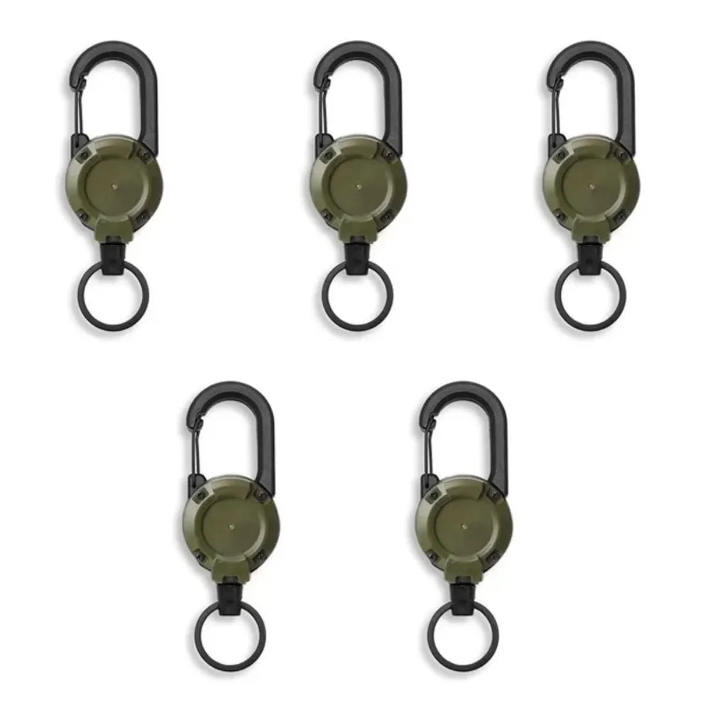 Retractable Heavy Duty Pull Reel Carabiner Key Chains Strong Steel Wire Rope Buckle Spring Key Ring Outdoor Sporty Keychain Tool Qme 5PCS olive green