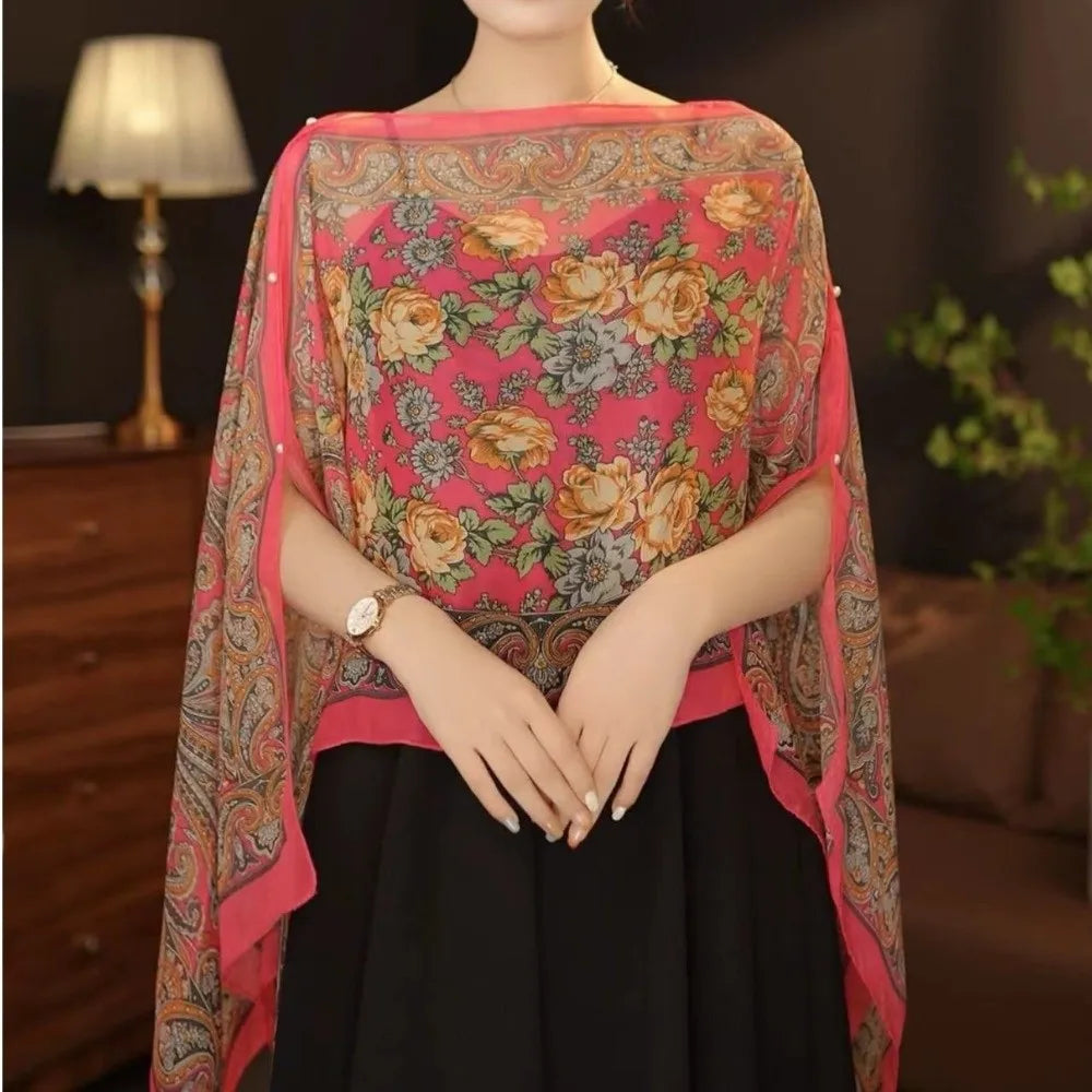 Multifuctional Breathable Shawl Flower Pattern Long Length Sun Protection Shawl Lightweight Breathable Fabric Chiffon Scarf Qme Style H