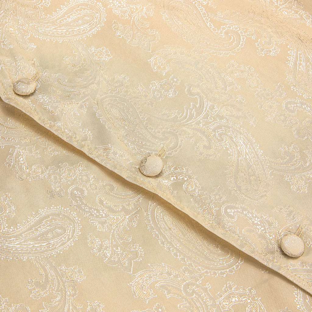 Hi-Tie Silk Mens Suit Vests 4PC Woven Paisley Champagne Waistcoat Tie Pocket Square Cufflink Business Wedding Dress Waist Jacket Qme
