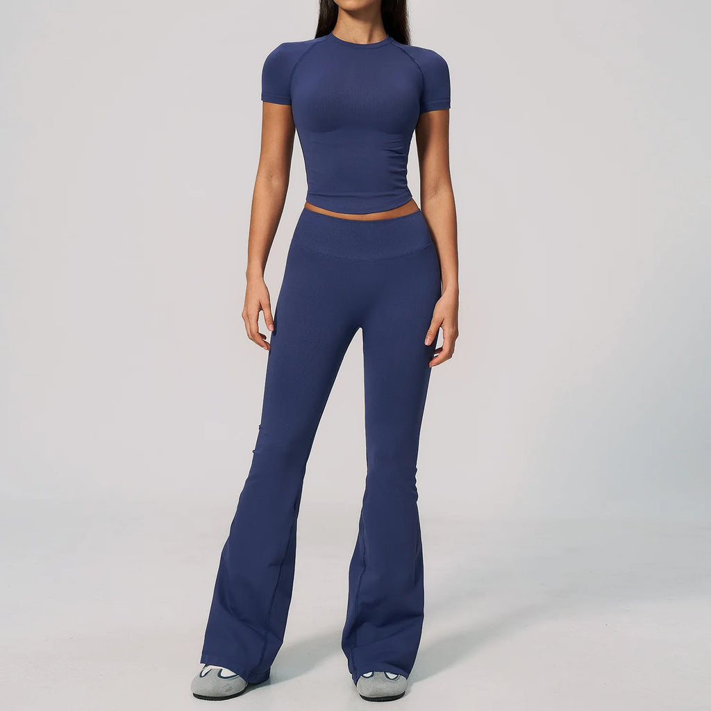 B New 2PCS Women Yoga Workout Suit, Short Sleeve Top with High Waist Flared Pants, Elastic Sportswear for Gym Cycling Fitness Qme