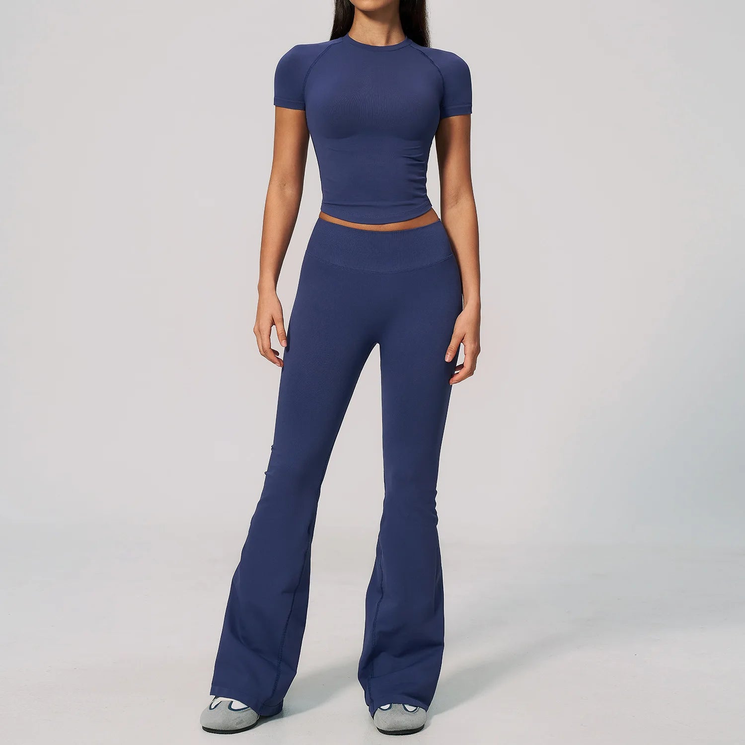 B New 2PCS Women Yoga Workout Suit, Short Sleeve Top with High Waist Flared Pants, Elastic Sportswear for Gym Cycling Fitness Qme