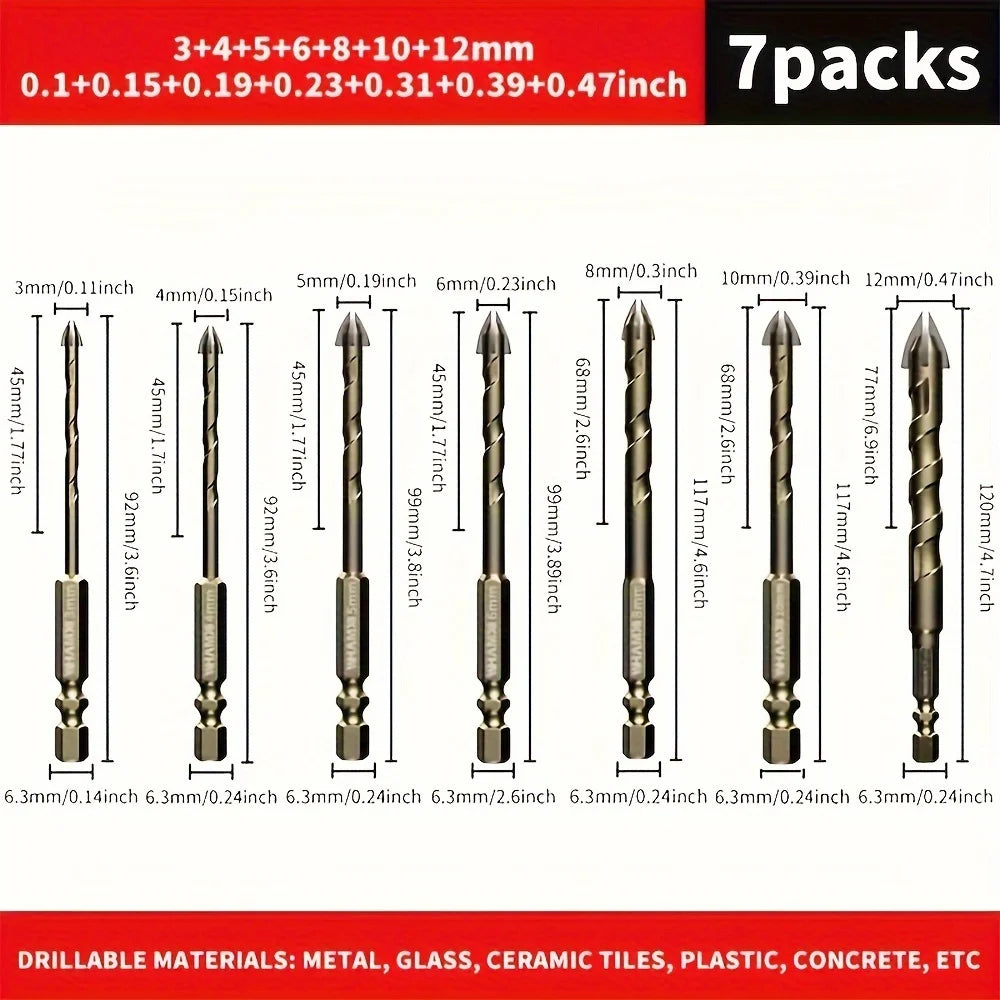 7PCS 3-12mm Cross Hexagon Tile Drill Bits Set For Glass Metal Ceramic Carbide Alloy Cross Tile Drill Bit Set Drilling Tools Qme