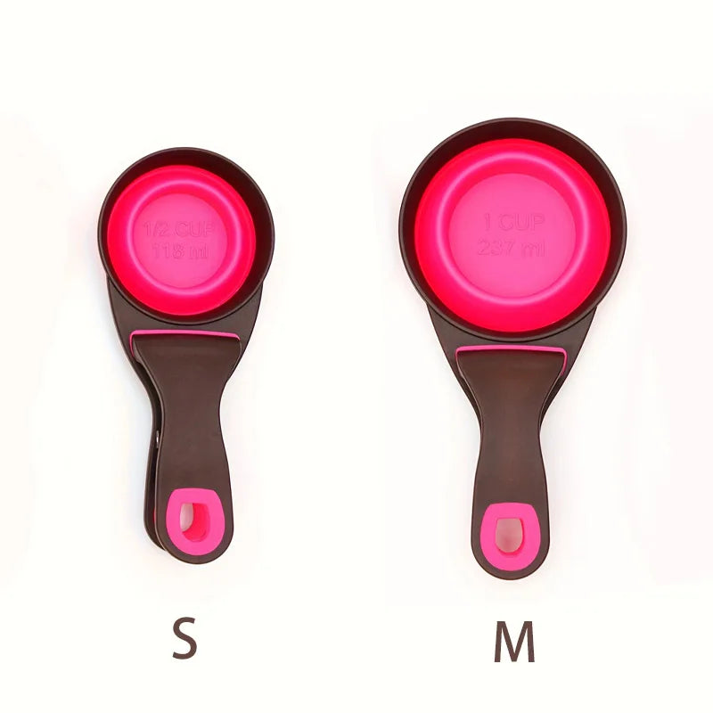 Pet food bag foldable dog food spoon clip, 3-in-1 multifunctional silicone food measuring cup spoon food storage clip Qme Pink M