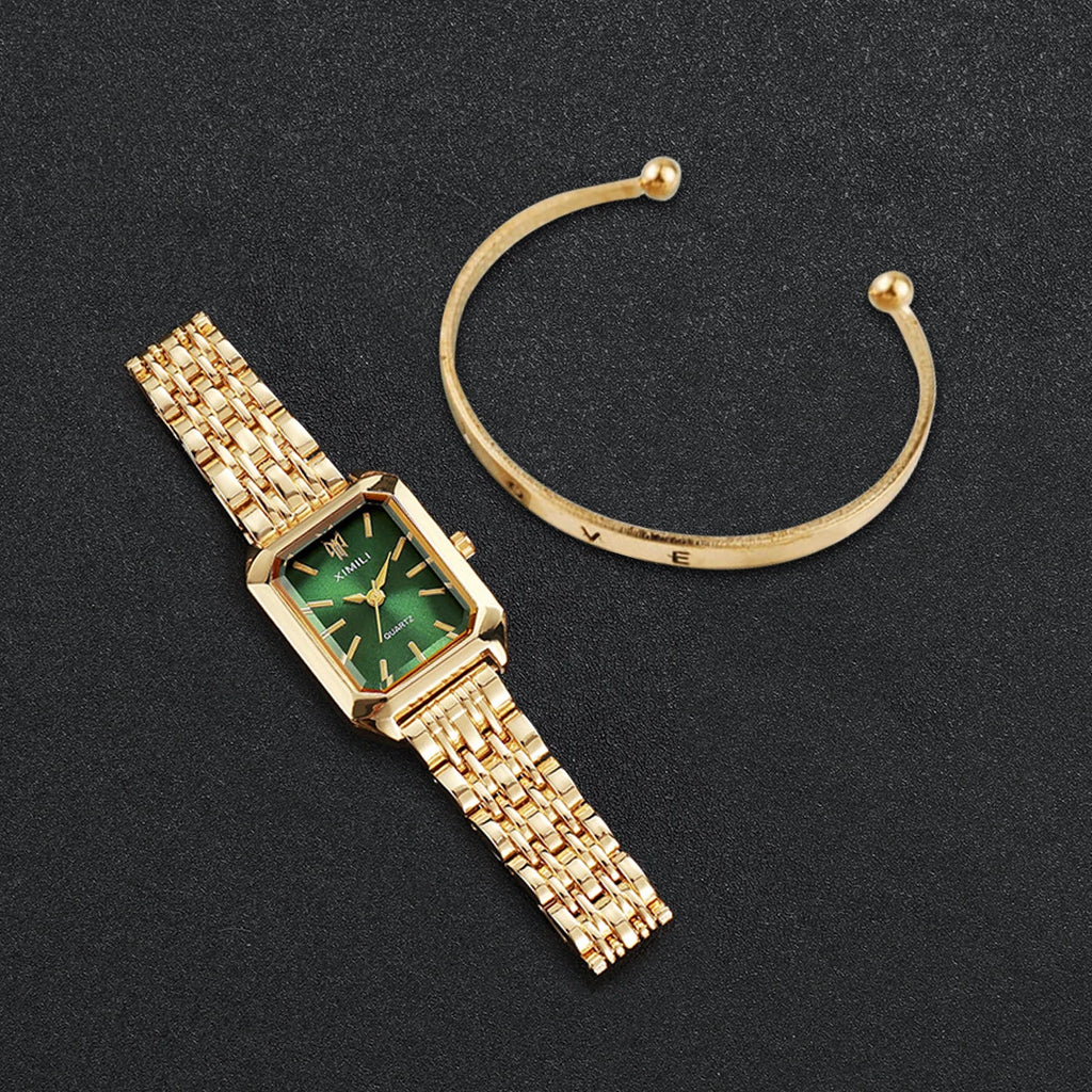 2 Pcs Fashion Women's Watch Bracelet Set Luxury Gold Steel Band Ladies Watches Quartz Watch Mujer Girls Watch Gift Qme