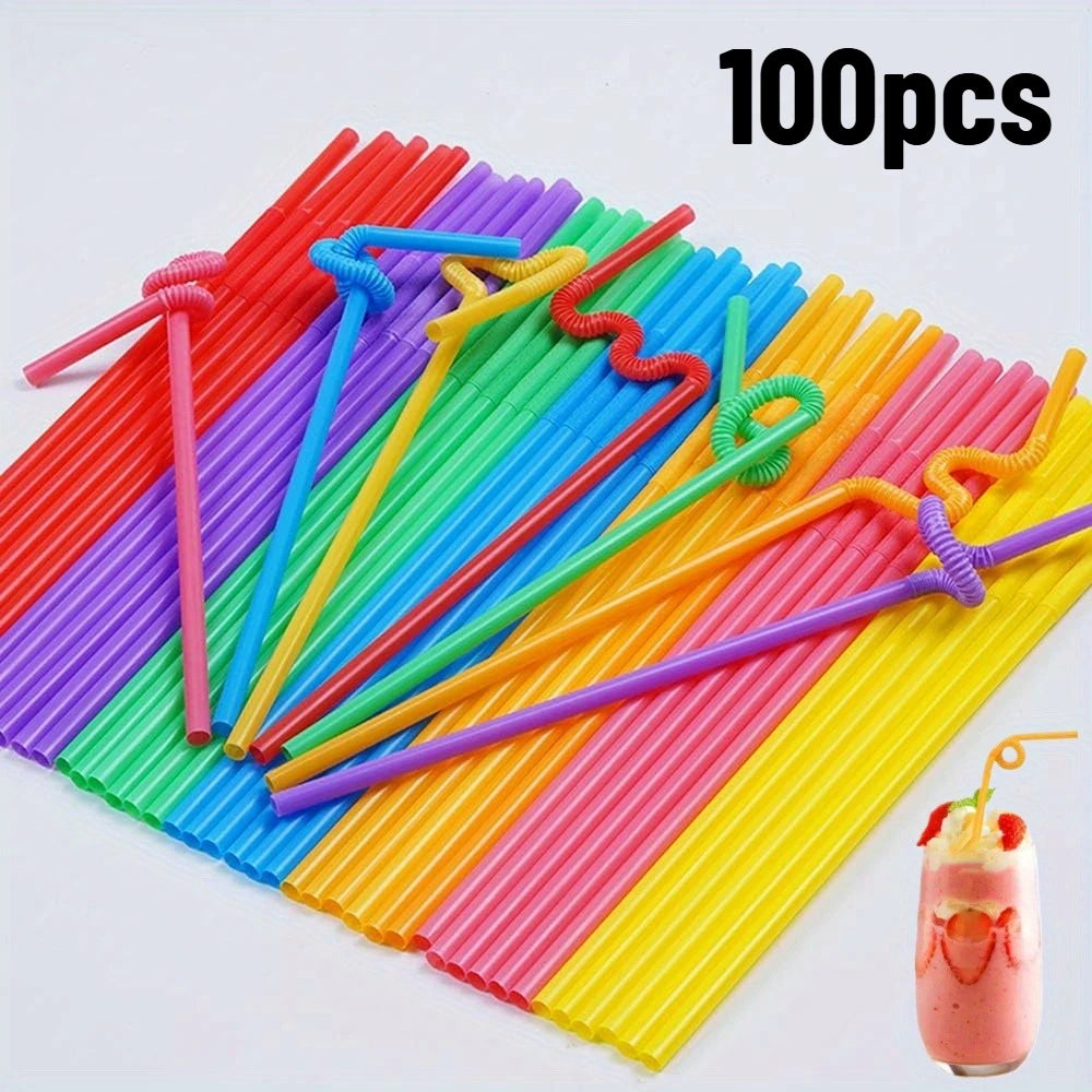 100pcs Colorful Bendable Plastic Straws - Disposable Long Curved Straws - for Milk, Juice, Drinks and Party Decorations Qme Multicolored