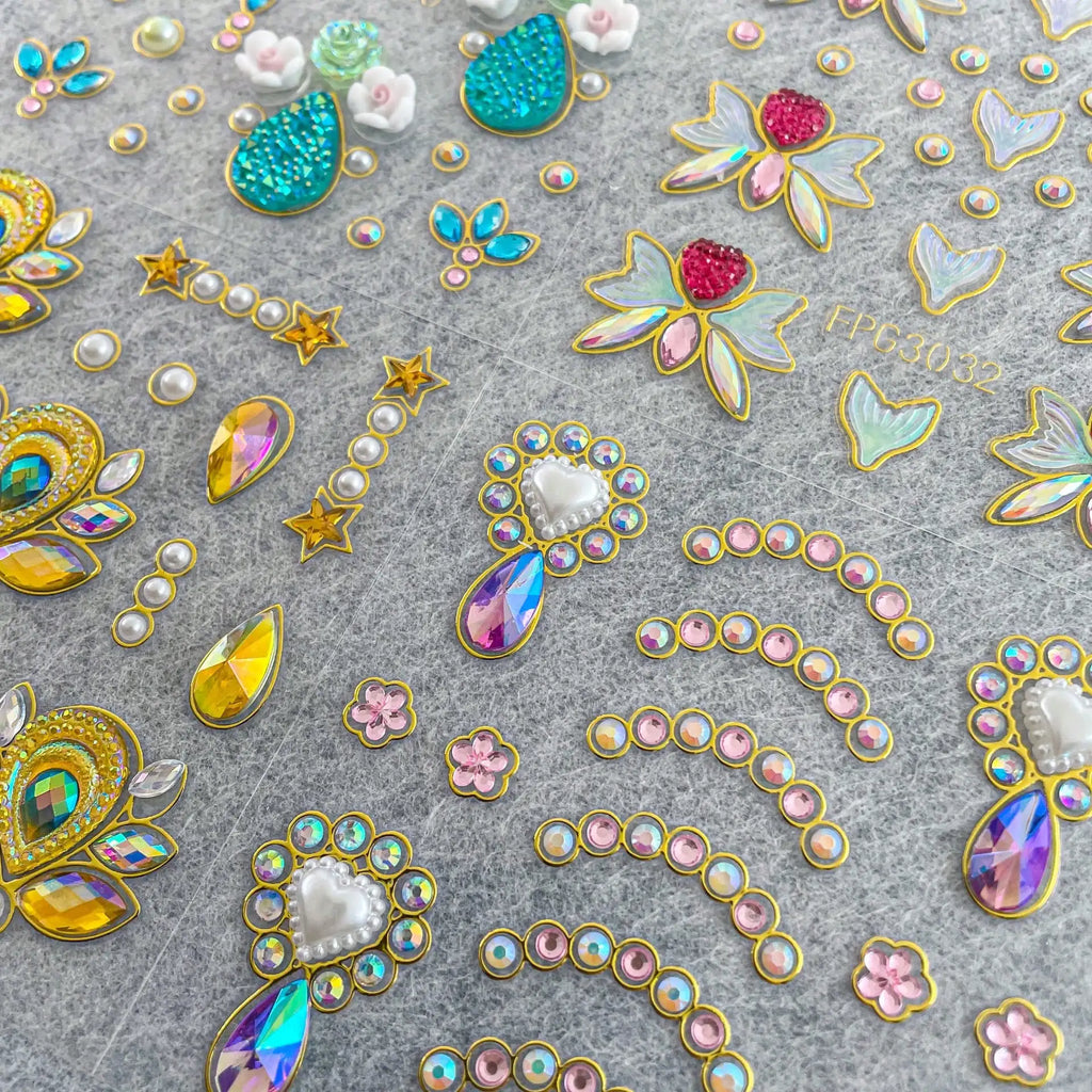 1 Sheet 3D Bling Face Rhinestone Sticker Blue Acrylic Gem Gold Qme
