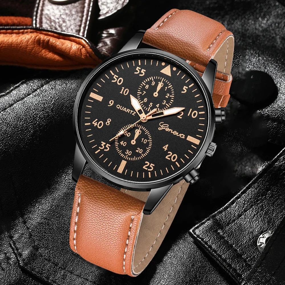 3Pcs Geneva Men Chronograph Watch Set 3 Color Dial Leather Strap Quartz Wristwatch Vintage Business Male Watch Gift Qme