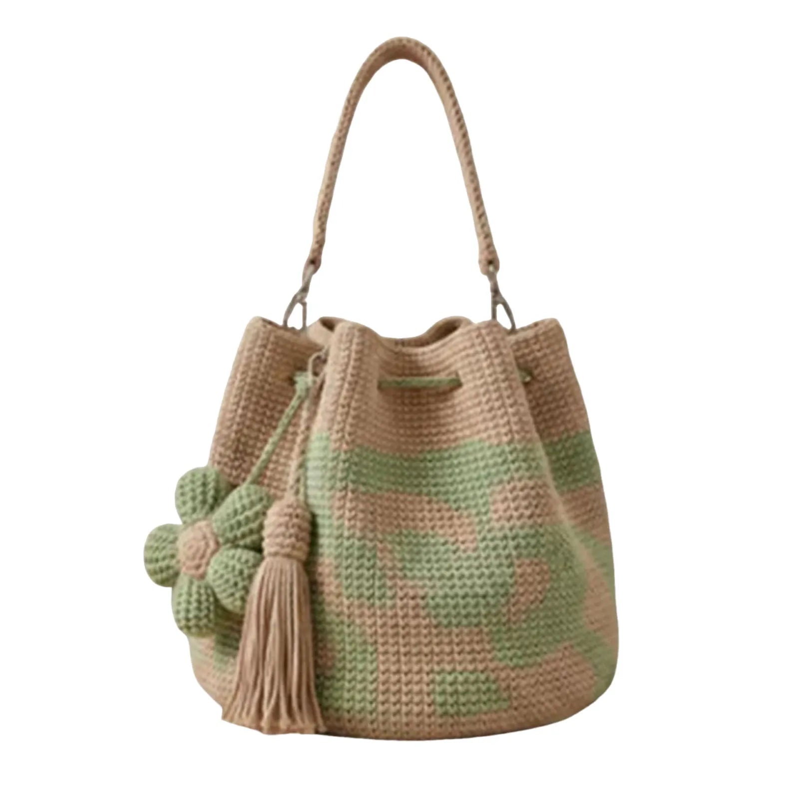 Boho Beach Handbag Lightweight Embroidery Aesthetic Boho Bag with Flower Tassel Needlepoint Barrel Drawstring Purse for Women Qme