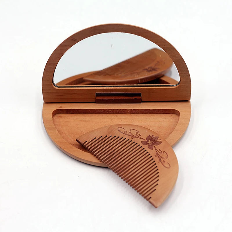 Girl Lady Durable 1 Wooden Comb Mirror Mini Vintage Makeup Peachwood Qme B