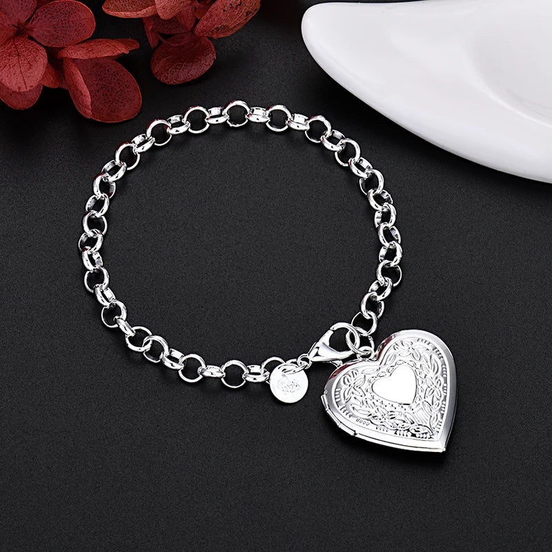 925 Sterling Silver Heart Shaped Frame Pendant Bracelets for Women Lady Party Wedding Fine Jewelry Holiday Gifts Qme