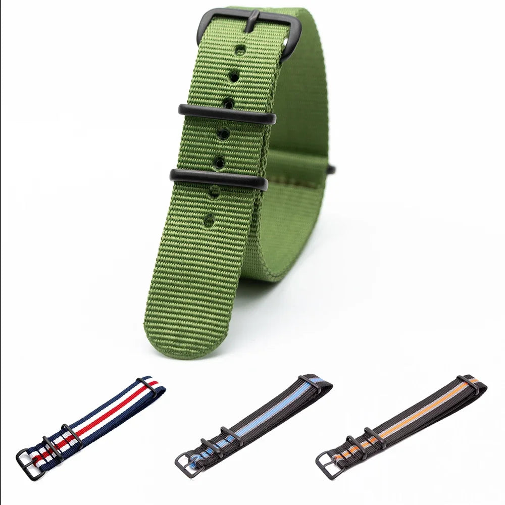 Sports Watch Band Nylon Strap Stainless Steel Black Frosted Buckle Adjustable 18MM 20MM 22MM 24MM Unisex Replacement Wristband Qme