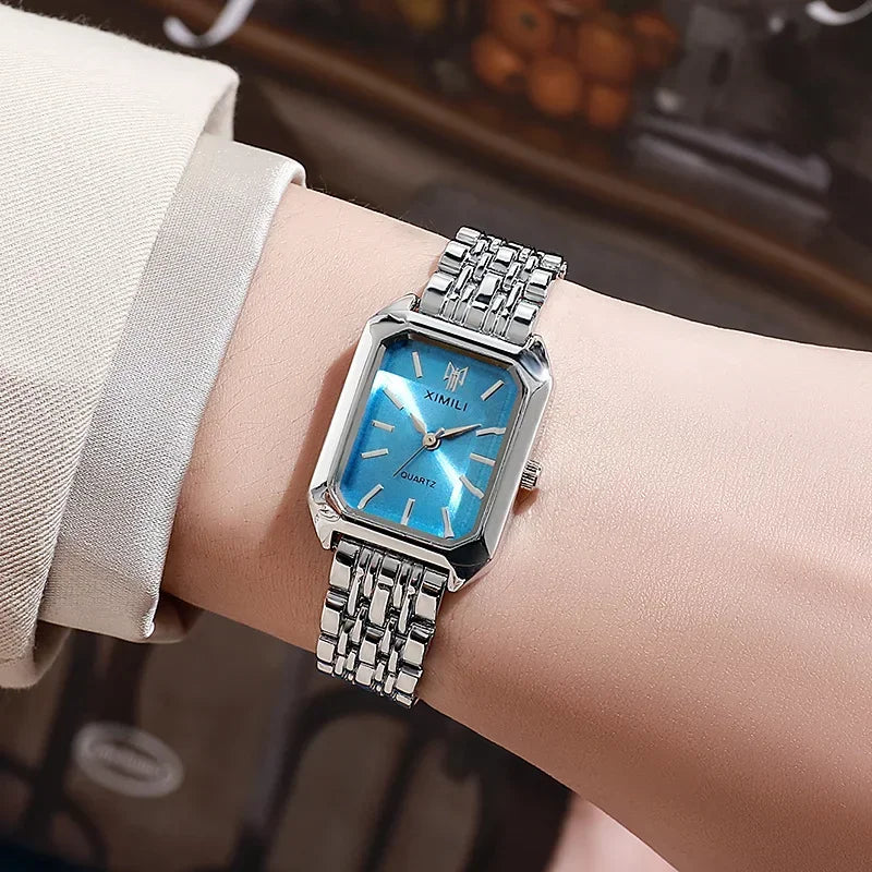 2026 2026 Light luxury steel strip women's watch pointer female student fashionable simple square quartz watch Qme