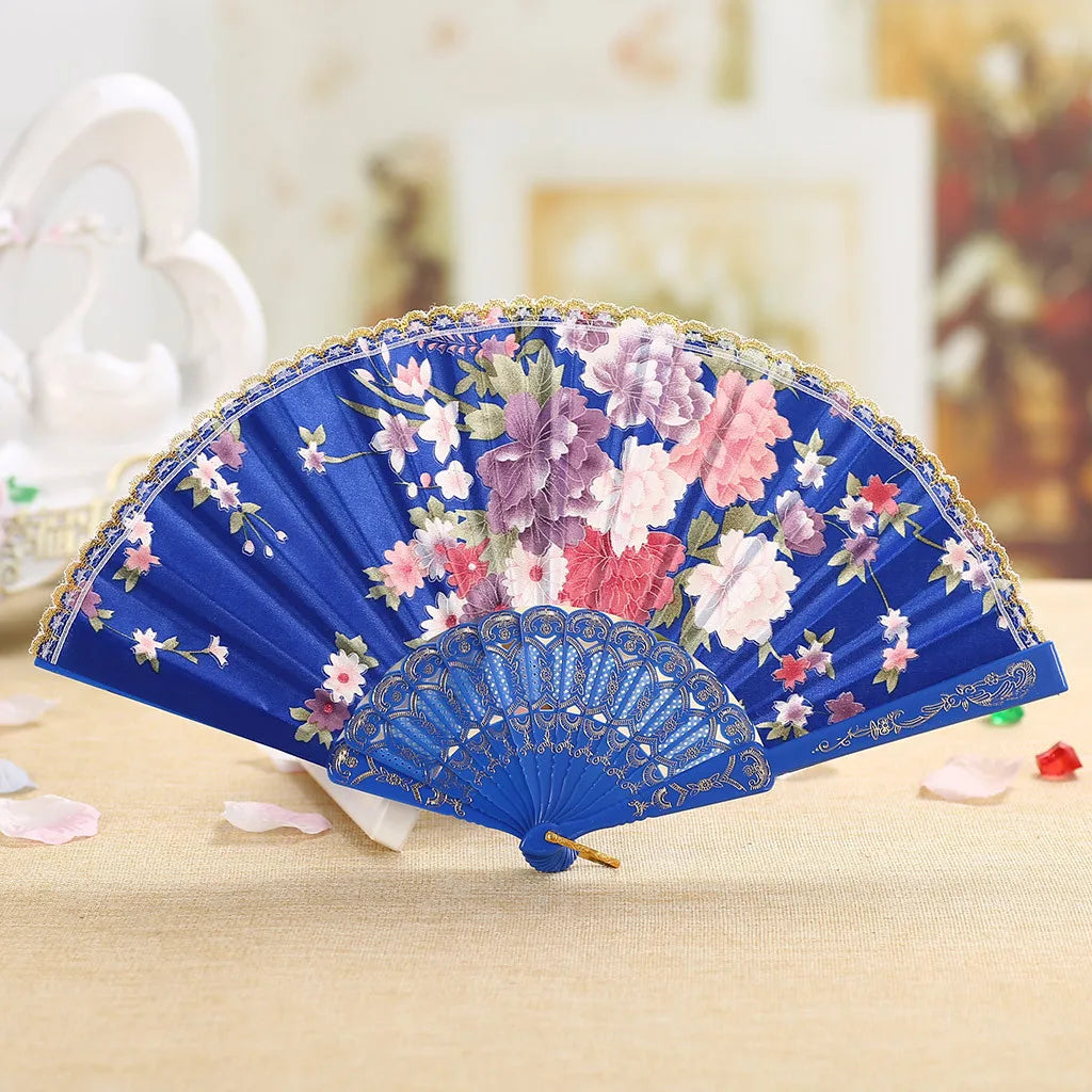 Best Dance Wedding Party Lace Silk Folding Hand Held Flower Fan Multi Color Patterned Plastic Folding Fan Dance Fan Qme Dark Blue