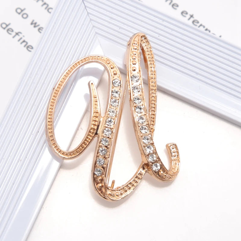 Women Luxury Letter Brooch Pins Gold Rhinestones Crystal English Qme U