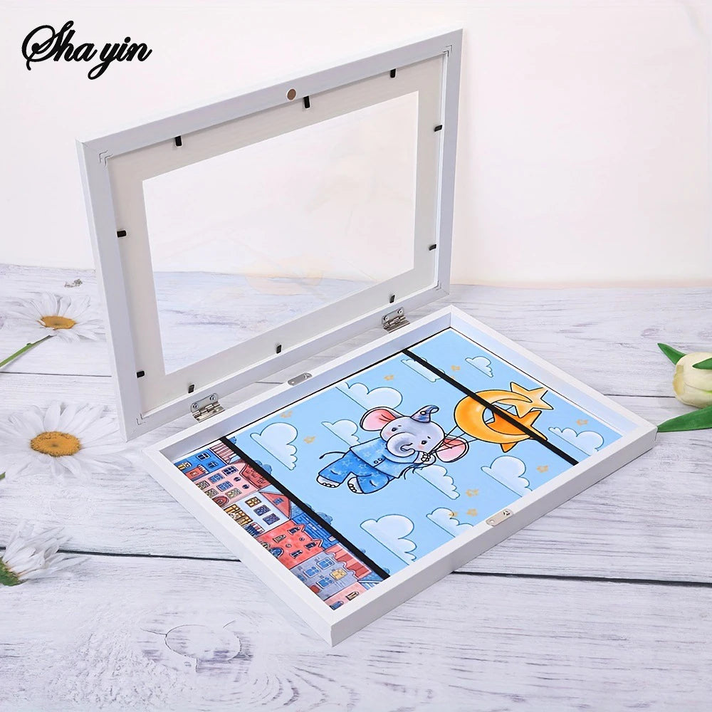 Flip Up Wooden Photo Frame, Magnetic Suction Frame, A4 Children's Photo Frame, Storage Frame, Art Work Certificate Frame Qme white
