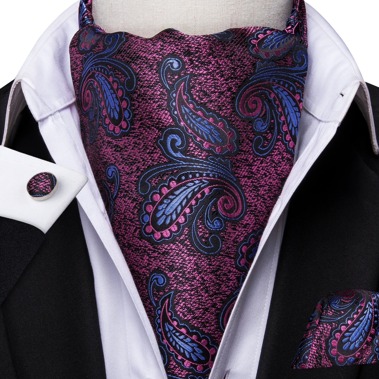 Silk Mens Ascot Black Pink Blue Red Gold Green Purple White Beige Cravat Tie Hanky Cufflinks for Male Wedding Business Prom Gift Qme AS-1018