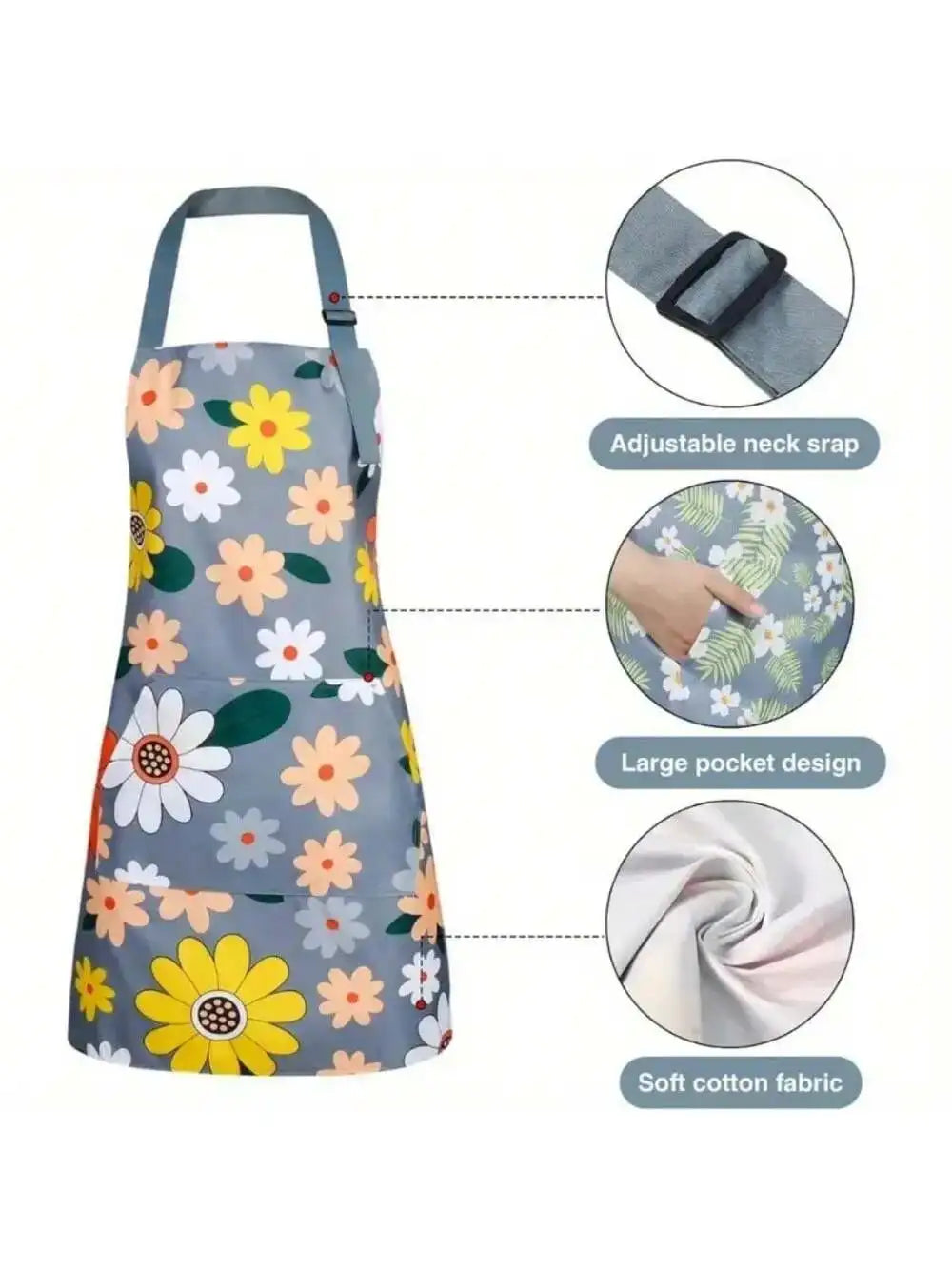 Oil-proof Waterproof Floral Print Apron Gardening Cooking Adjustable Qme grey