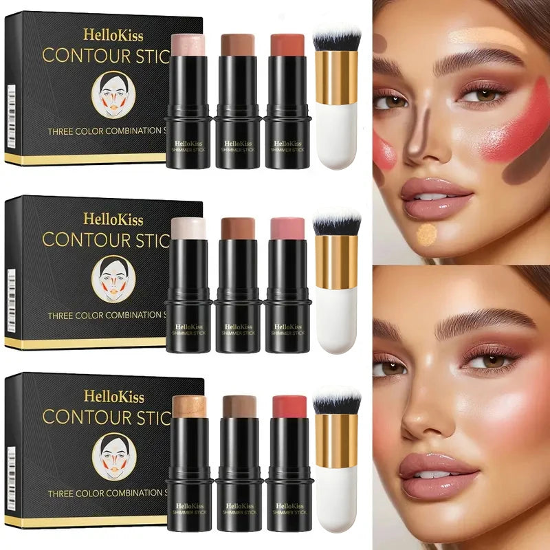 4pcs Contour Stick Set, Highlighter, Blush & Bronzer with Highlight Brush Long-Lasting, Perfect for Halloween & Graduation Gifts Qme