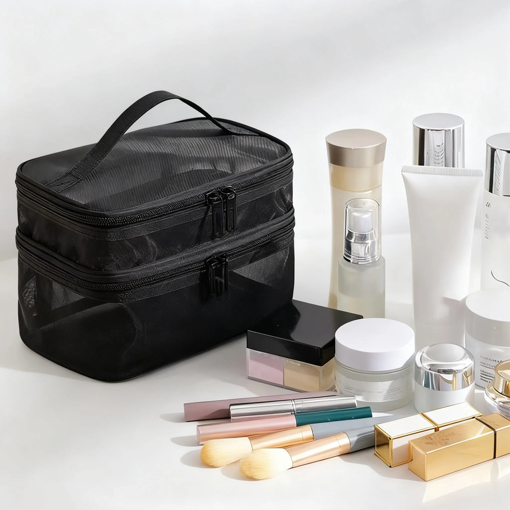 Travel Makeup Bag Handheld Mesh Storage Double Layer Cosmetic Pouch Qme