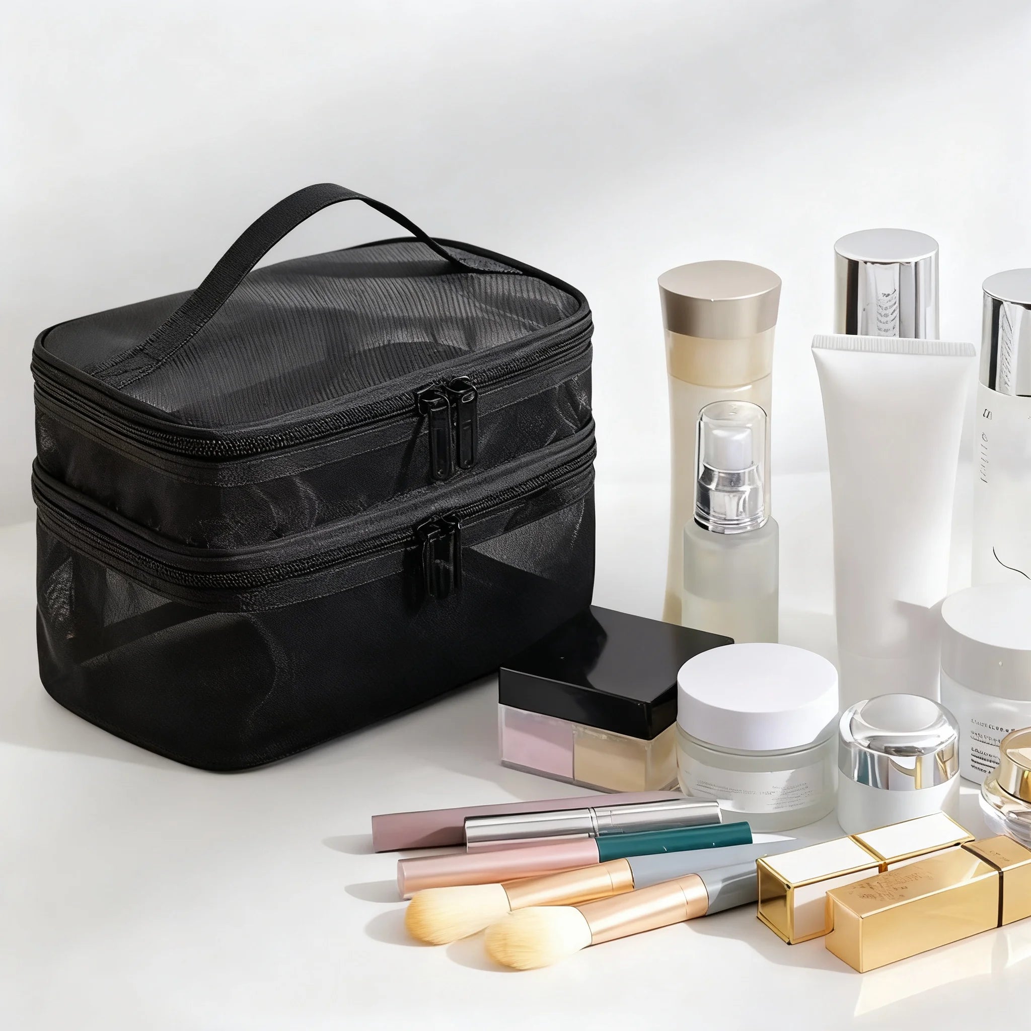 Travel Makeup Bag Handheld Mesh Storage Double Layer Cosmetic Pouch Qme