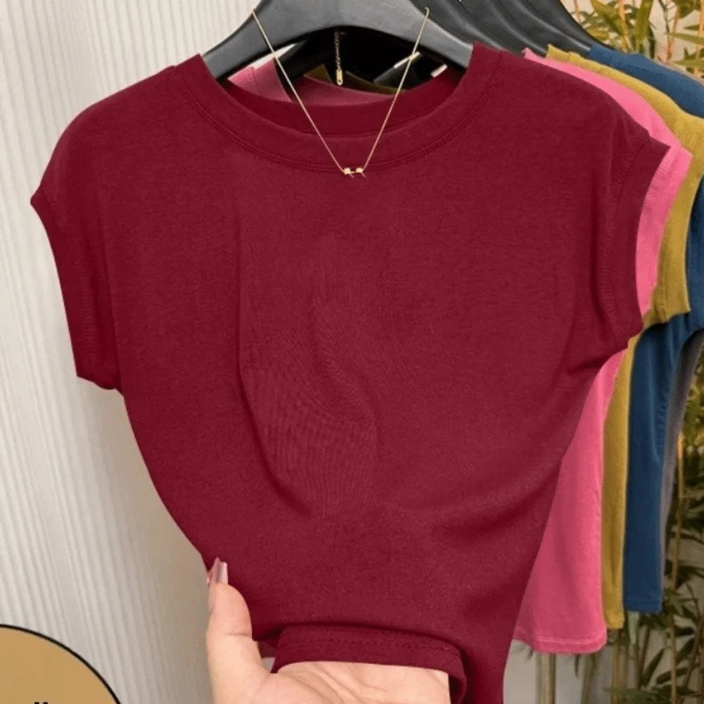 Korean Style Round Neck Women T Shirt Solid Color Breathable Short Sleeved T Shirt Slim Fit Stretchy Thin Base Top Summer Qme