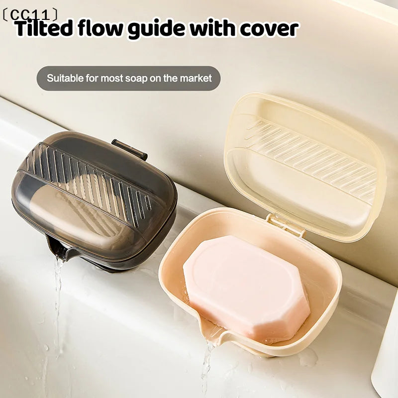 Sucker Soap Dish Holder Lid Self-draining Tray Case Portable Qme