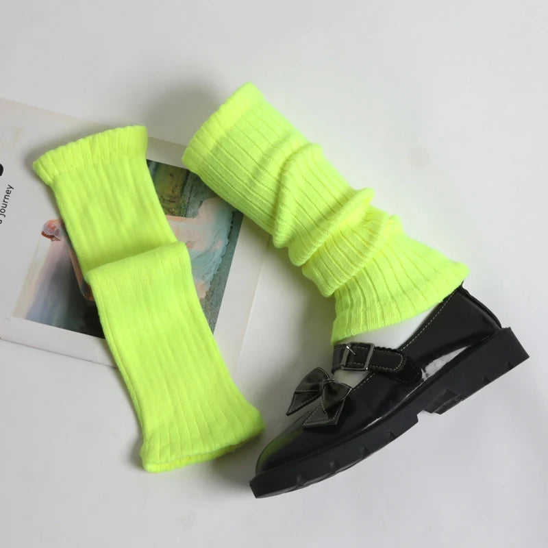 Women Winter Bright Green Color JK Style Spice Girls College Foot Cover Warm Pile Long Socks Boot Cuff Cover Knitted Leg Warmers Qme
