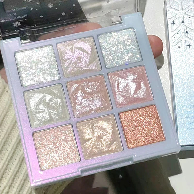 Snowflake Diamond Eyeshadow Palette 9-Color Polarization Glitter Flash Rose Pink Highlighter Brighten Shiny Eyes Makeup Tools Qme