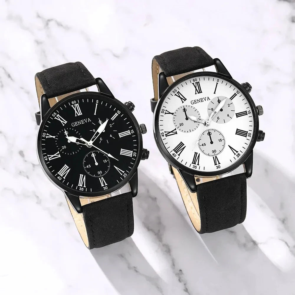 2Pcs Geneva Couple Men Watch Set Black Suede Leather Chronograph Quartz Wristwatch Roman Dial Black White Dual Face Gift Qme