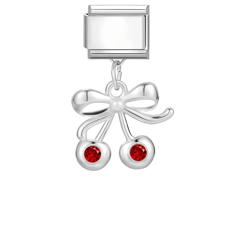 Shiny Colorful Zircon Pendant Series Red Cherry Bow Italian Charm