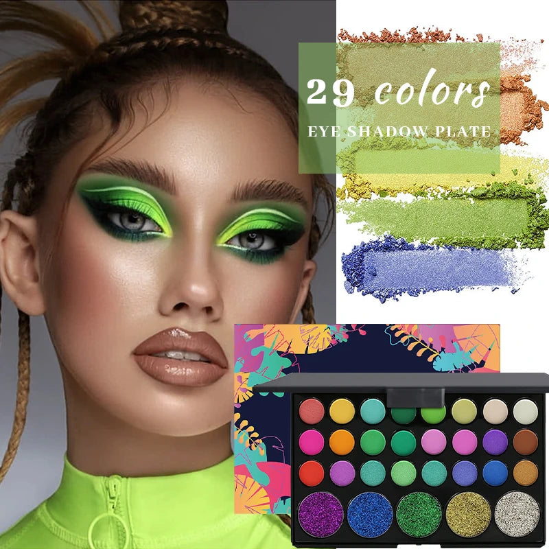 29 Colors Matte Shimmer Eyeshadow Palette Vibrant Neon Nude Glitter Qme