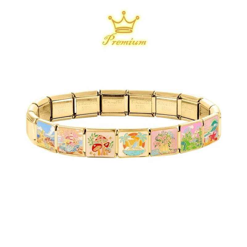 Gold Color Spring Summer Colorful Starfish Beach Sky Flowers Italian Charm Links Fit 9mm Women Stainless Steel DIY Bracelet Gift Qme