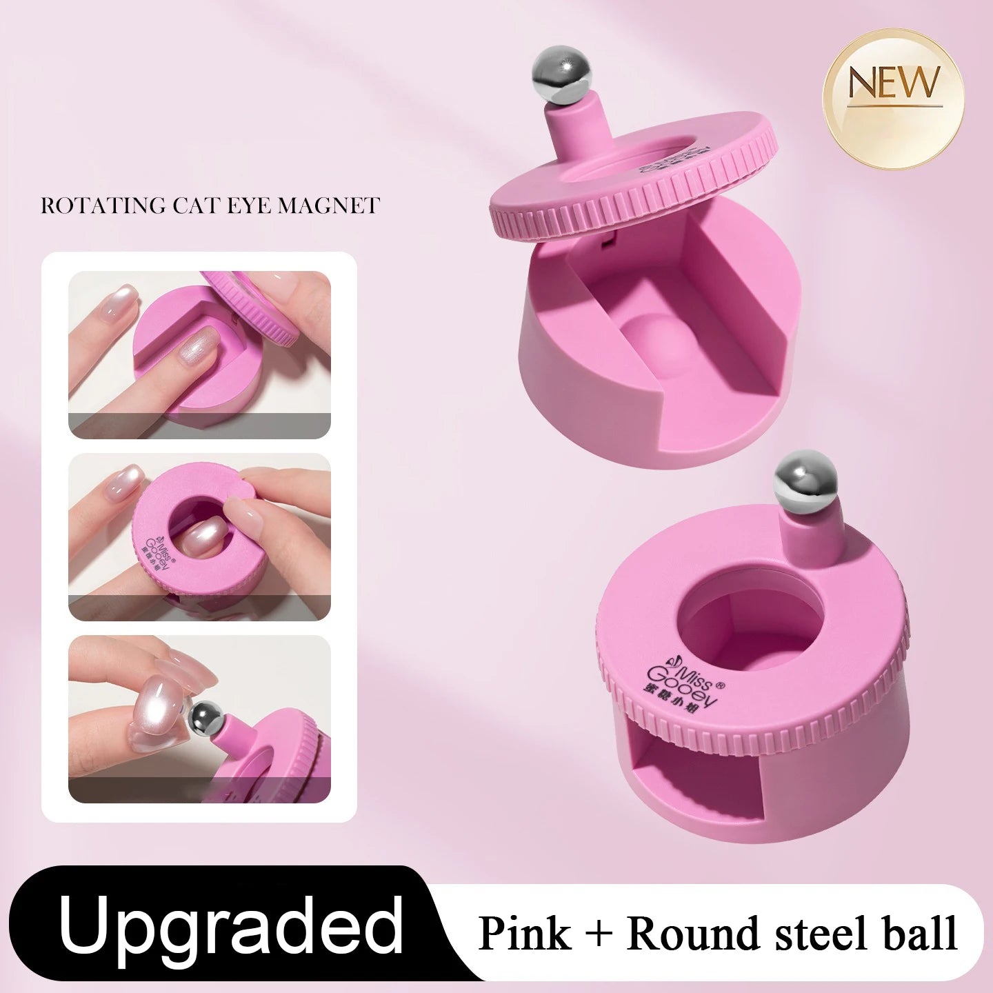 Auto Rotate Cat Eye Magnet, Professional Nail Art Tool for 3D Glass Bead Effect, Strong Magnetic Wand Easy for Beginner DIY Nail Qme A Pink and ball