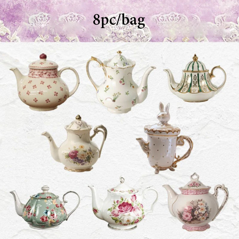 Vintage European Teapot Sticker Pack, realistic tea set decorative stickers for decorating phone cases,bottles and journals Qme