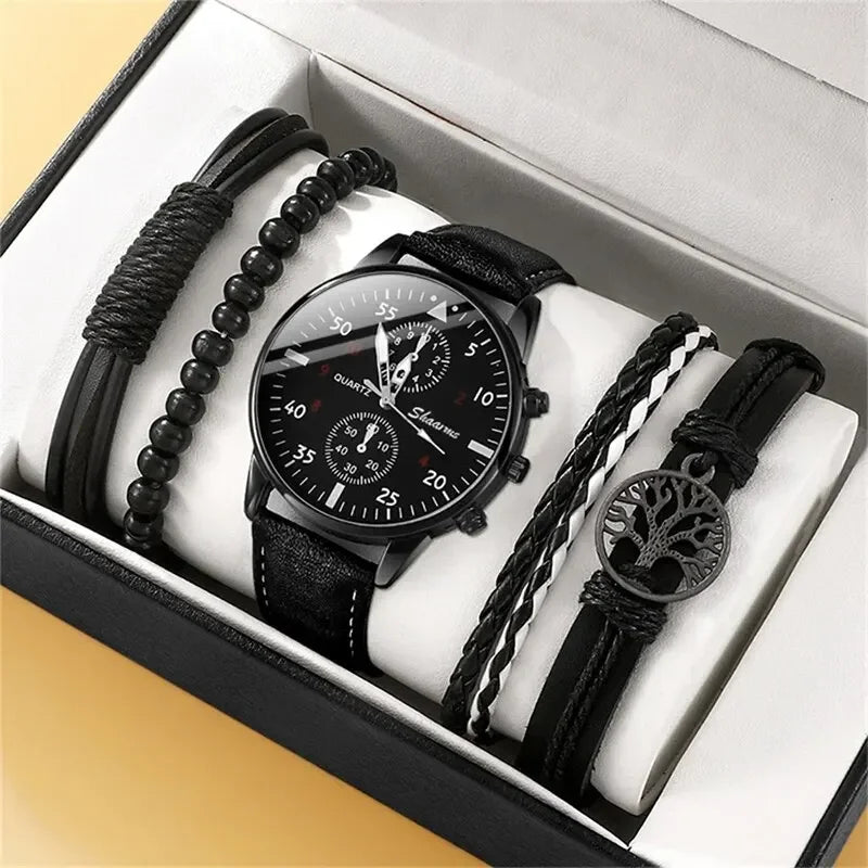 2026 4pcs/5pcs Men's leather strap watch, high-end Hong Kong style fashion watch, business binocular watch set Qme