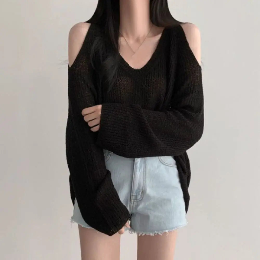 Chic Hollow Out Knit Long T-shirt Sleeve Pullover Crochet Knitwear Qme