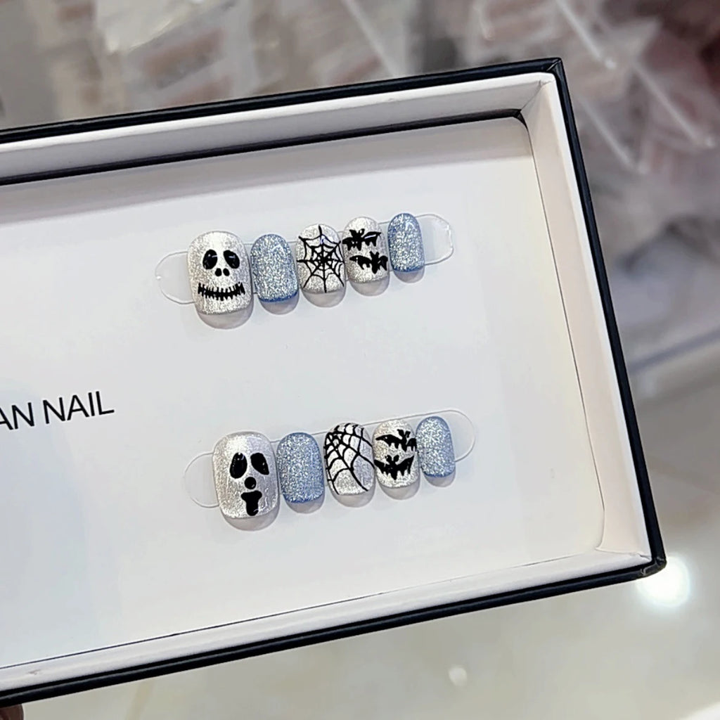 Short Square Halloween Ghost Bat Cobweb Press Nails Cute Crystal Cat Qme GJ-CDJ-ZB81-M