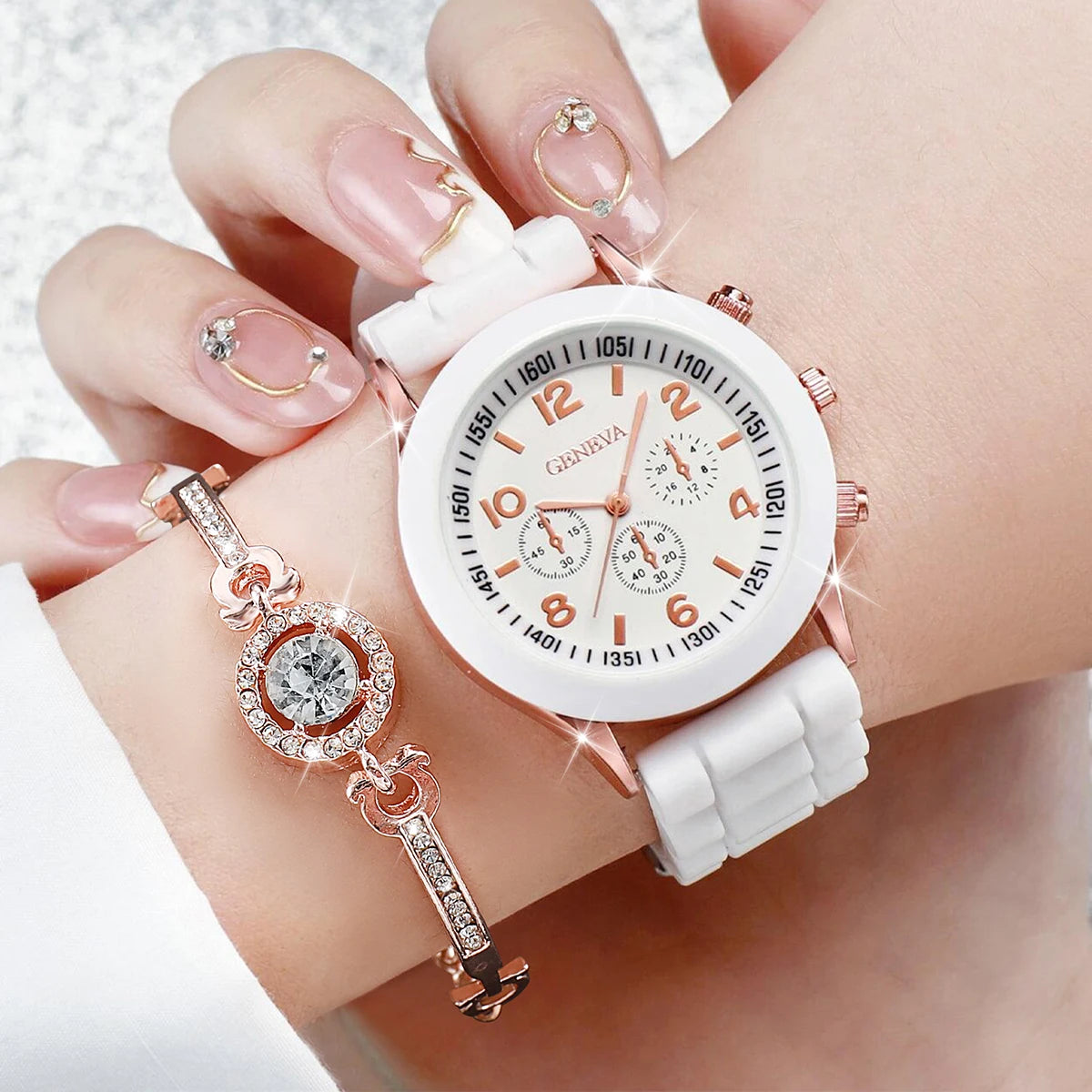 7PCs/Set Women's Watch Combination Set New Creative Trendy Watch Leather Watch Silicone Watch Jewelry Set Box Not Included Qme