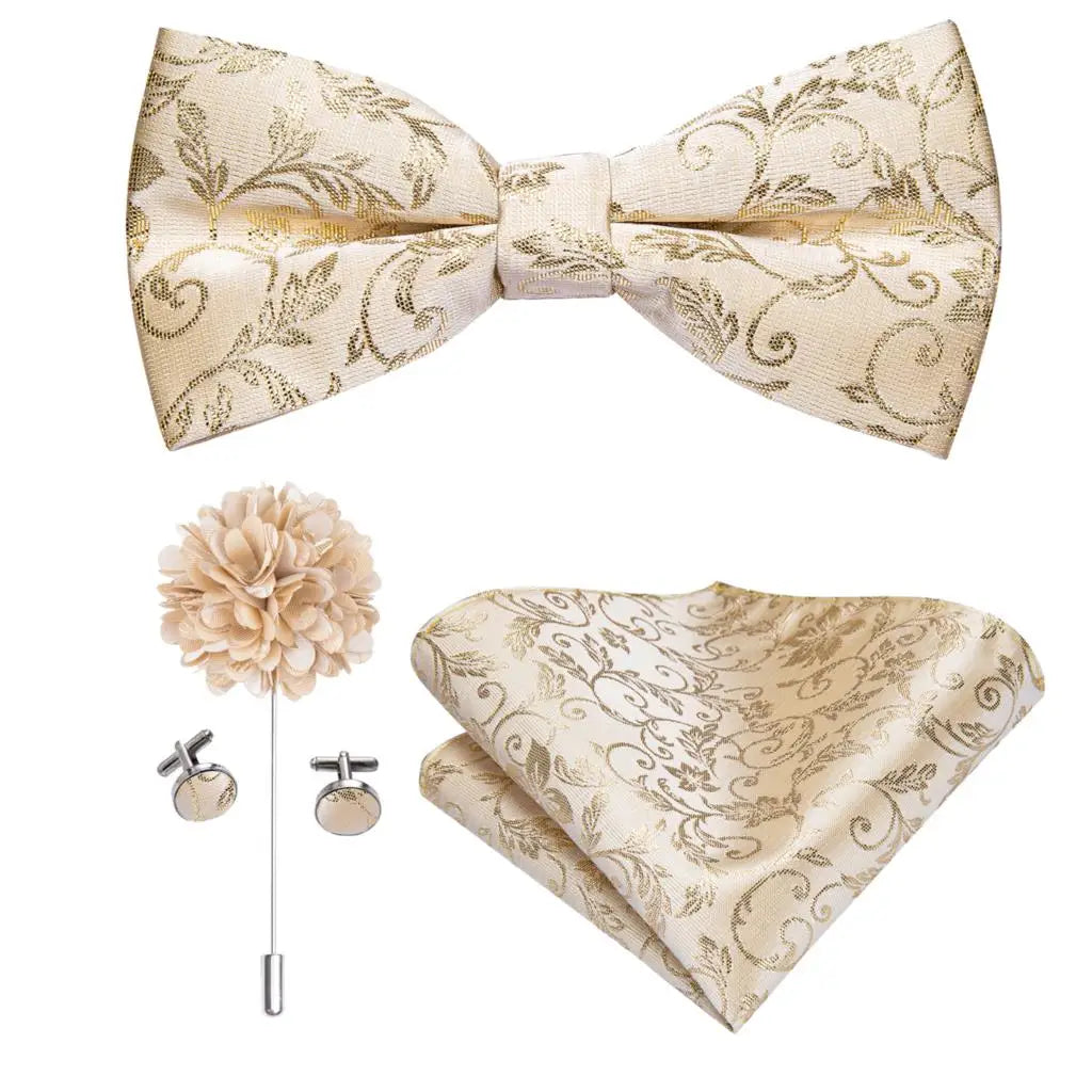Hi-tie Silk Men's Bowtie Pocket Square Cufflinks Brooch Jacquard