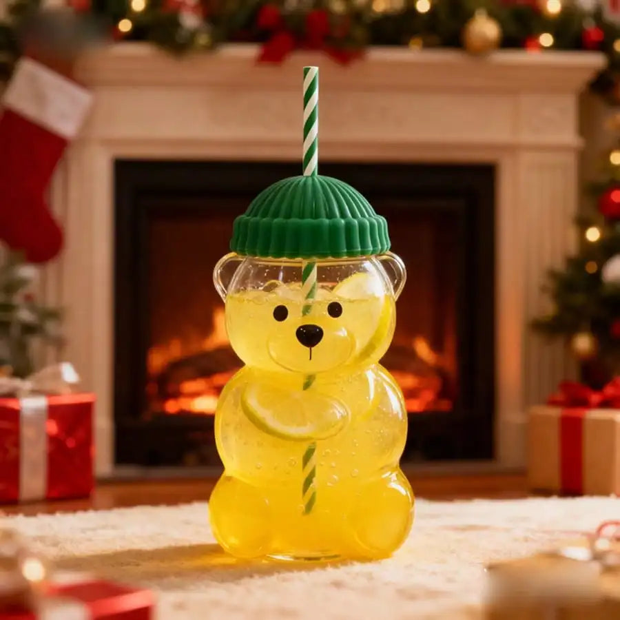 Cute Little Bear Plastic Cup Lid Straw Teddy Cold Drink Suitable Qme