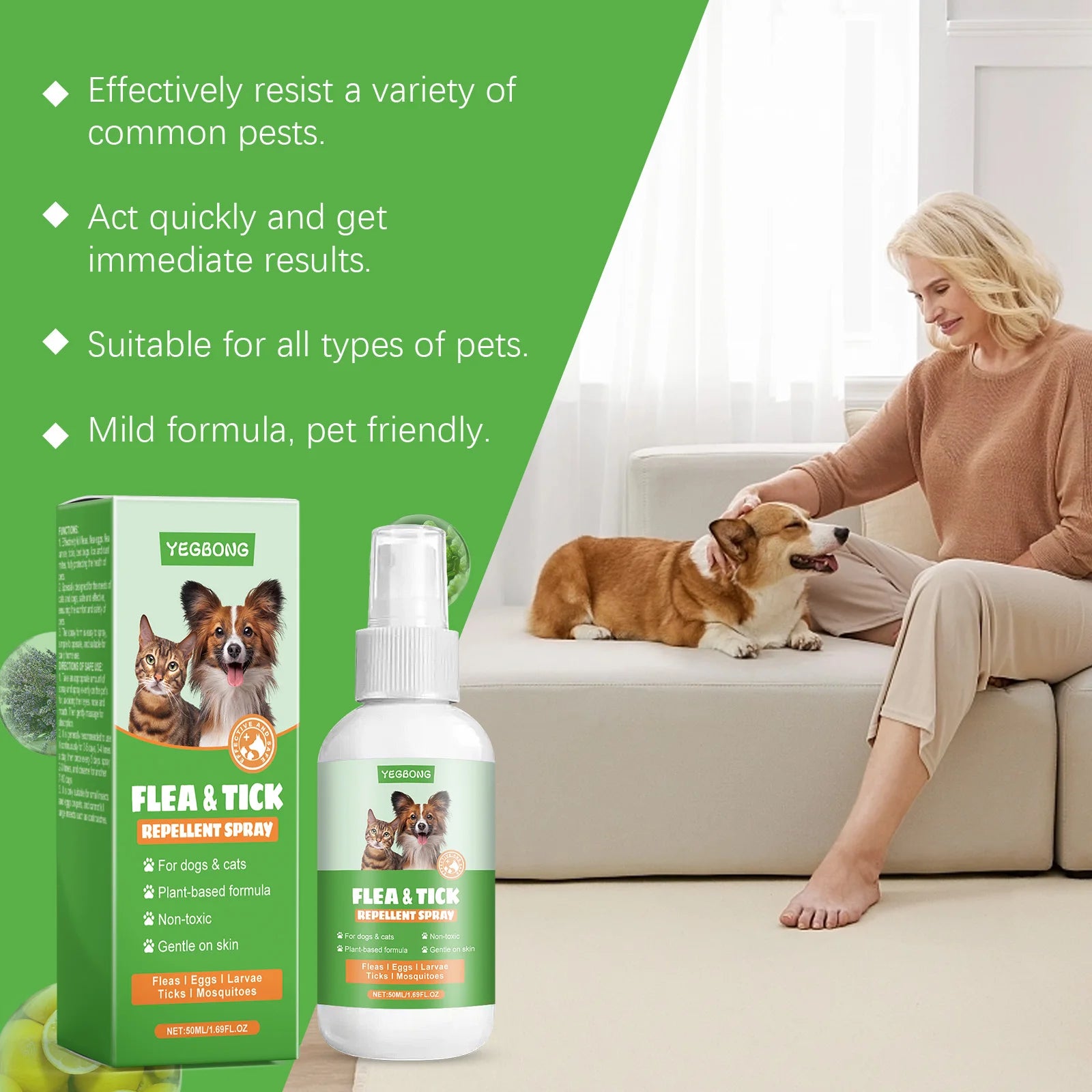 Pet Flea Tick Repellent Spray Effectively Reducing Fleas and Ticks Relieve Skin Itching Protect Health Fast-Acting Pet Repellent Qme