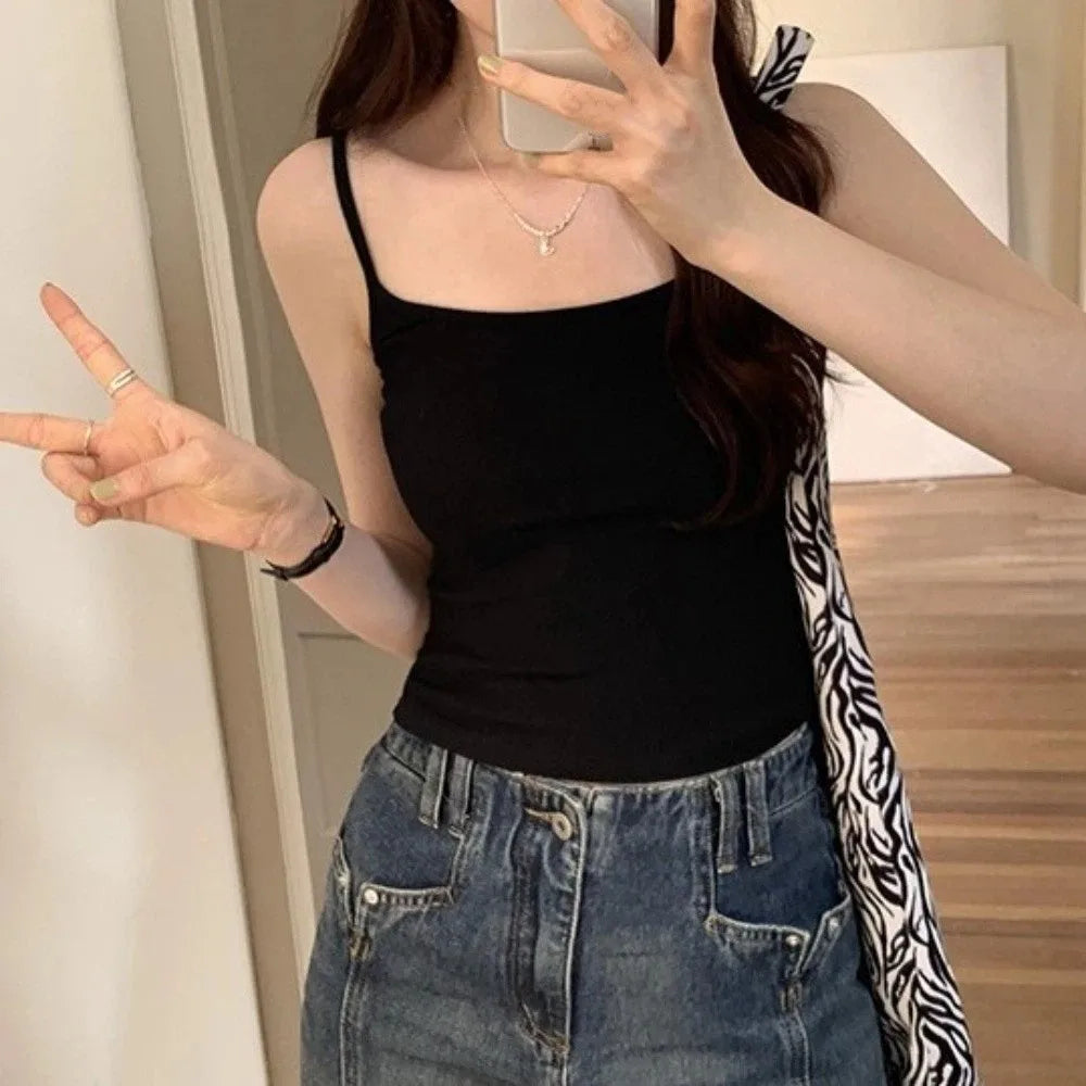 Tank Top Simple Spaghetti Straps Camisole Korean Style Cotton Slim Crop Top Solid Color Bottoming Shirt Sling Vest Women Qme
